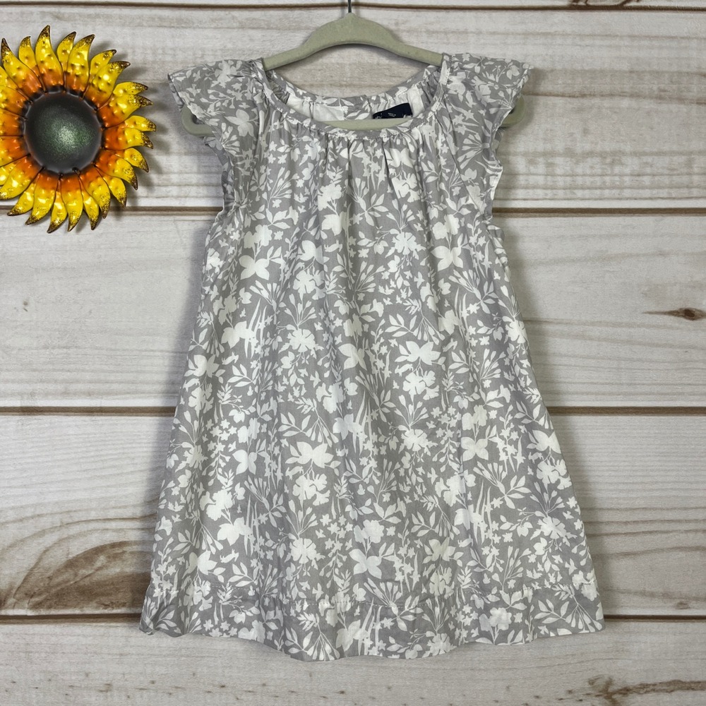 Baby Gap Gray White Floral Print Ruffle Dress Top 18-24M Cotton Bunny